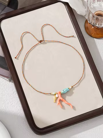 Women's Ocean Imitation Coral Glass Fish Pendant Rope Necklace Charm Vacation Party Accessory 10 best sales coral pendant - №4