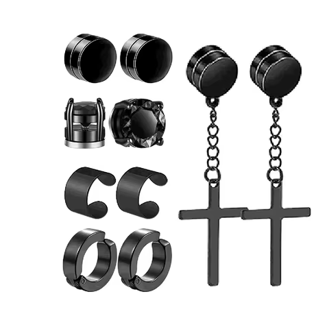 10 Pairs of fashionable men's round zircon asymmetric leaf stainless steel magnet earring set without ear holes Set 8 best sales cheap earrings free shipping - №6