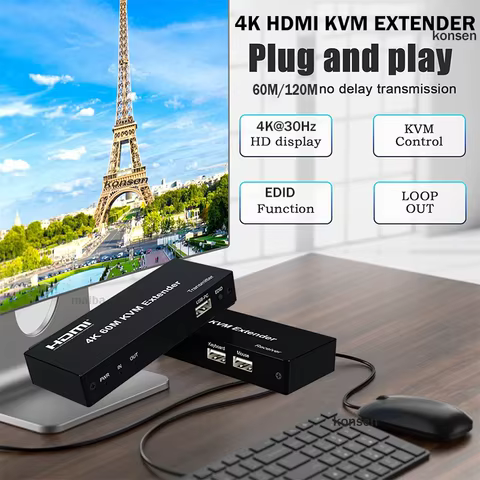4K 120M HDMI KVM Extender 60M over RJ45 Ethernet Cat6e/6 cable HDMI USB Extender Transmitter Receiver kit Support Mouse Keyboard 8 best sales kvm extender - №3