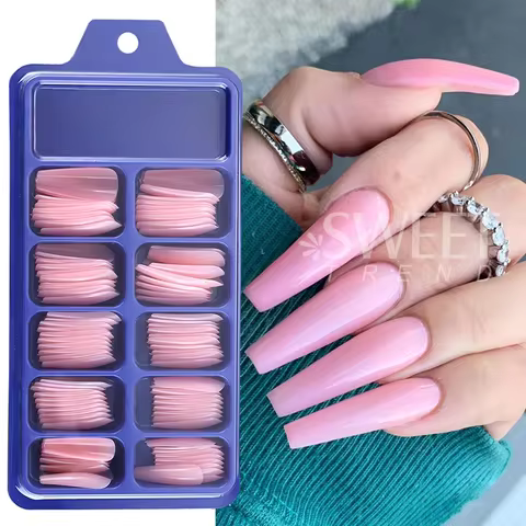 100pcs Nude Pink False Nail Press On Nails Acrylic Extension Coffin Forms Nail Tips Artificial Long Full Cover Fingernails Tools 12 best sales coffin press on nails - №10