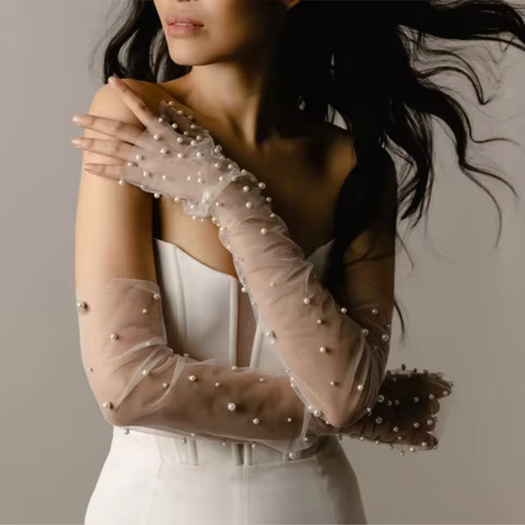 1 Pair Bridal Fingerless Pearl Gloves Wedding Sleeves Removable Shrugs for Women Summer Elegant Bolero Shoulder Cape VPM10 12 best sales removable sleeves - №8