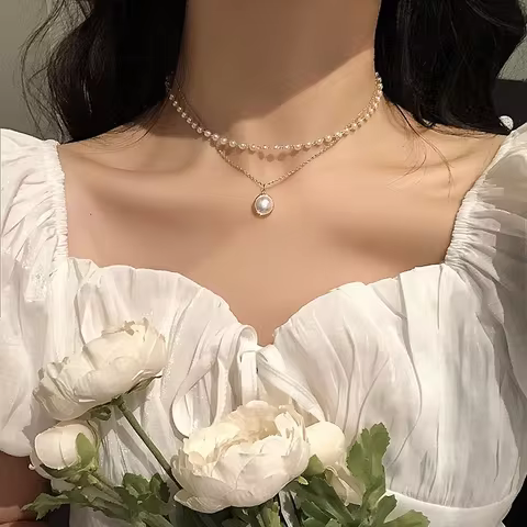 SUMENG 2024 New Fashion Kpop Pearl Choker Necklace Cute Double Layer Chain Pendant For Women Jewelry Girl Gift 10 best sales double pearl necklace - №3