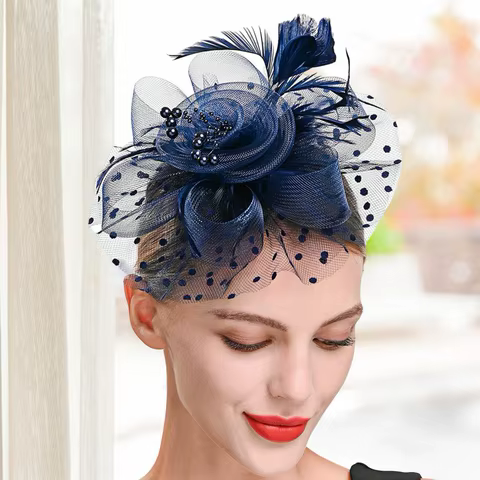 Lady Fascinator Hat Beads Decor Dot Print Metal Clip Party Headwear Mesh Flower Feather Decor Pillbox Hat 10 best sales hat making supplies - №5