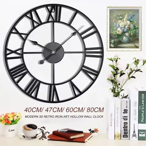 40/47/60/80cm Wall Clock Modern 3D Large Retro Black Iron Round Hollow Metal Wall Clock Nordic Roman Numerals Clock Home Decor 6 best sales wall clock black - №6