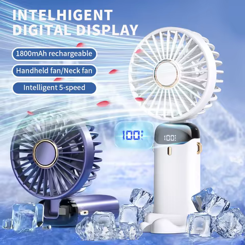 Mini Portable Handheld Fan Foldable Neck Hanging Fans 5 Speed USB Rechargeable Fan with Phone Stand and Display Screen 1800mAh 10 best sales electric fan mini - №3