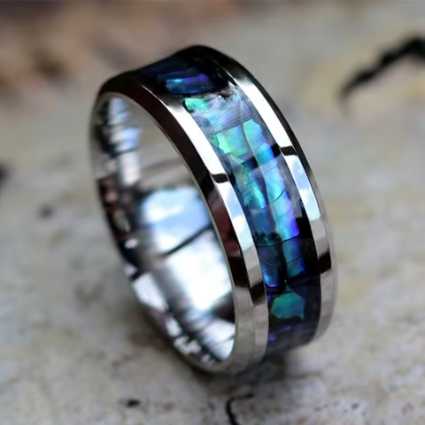 Fashion 8mm Stainless Steel Men Rings Silver Color Brushed Inlaid Abalone Shell Men Wedding Band Jewelry Gift Drop Shipping 12 best sales abalone shell ring - №9