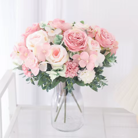 Artificial Flowers Silk Pink Peony Hydrangea Bride Bouquet Room Home Christmas Table Decorations Party Wedding Rose Fake Plants 12 best sales decoration buffet - №10