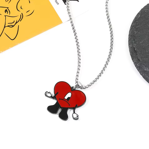 Trend Bad Bunny Necklace Cosplay Singer Bad Rabbit Red Heart Pendant Neck Chain Cute Decoration Jewelry Accessories for Fan Gift 12 best sales spongebob bracelet - №11