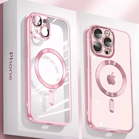 Clear Plating Ultrathin Silicone Case For iPhone 16 15 14 13 12 11 Pro Max 16 Plus Magsafe Magnetic Lens Film Protect Cover Pink 8 best sales pink phone cases - №2
