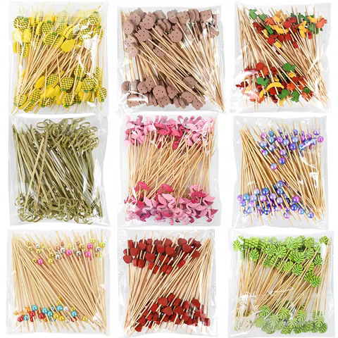 100Pcs Disposable Bamboo Skewer Hawaiian Flamingo Pearl Cocktail Picks Buffet Food Fruit Forks For Wedding Birthday Party Decor 12 best sales fruit forks - №5