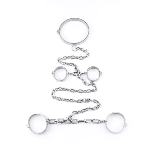 BDSM Stainless steel oval type bondage kit collar+handcuffs+Ankle cuffs with chain slave fetish harness sex toys adult games 12 best sales slave chains and shackles - №11