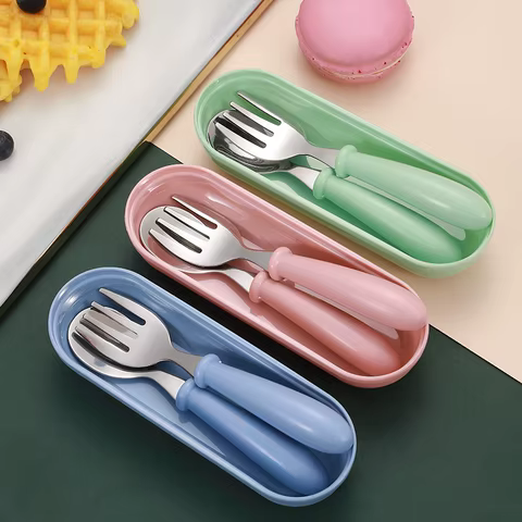3pcs Children Spoon Forks Box Kids Stainless Steel Kids Cutlery Portable Baby Feeding Utensils Baby Spoons Baby Tableware Set 10 best sales fork and spoon - №5