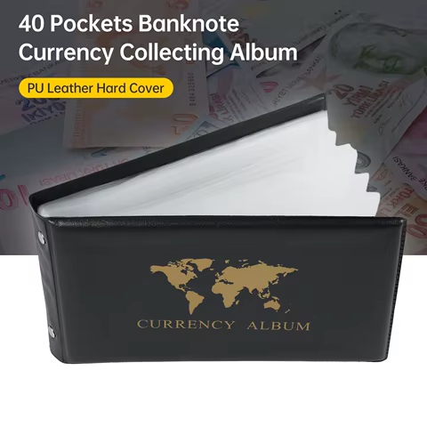 40 Pockets Banknote Currency Collecting Album 20 Sheets Clear Dollar Bill Holders World Money PU Leather Hard Cover Storage 12 best sales album for banknotes - №11