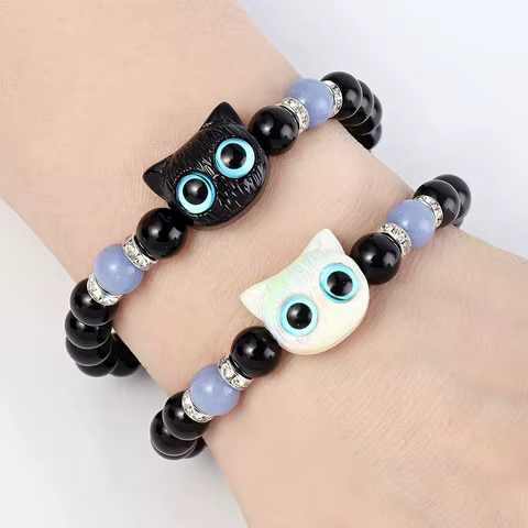 1 PC Matching Bracelets Couples Women Men Luminous Cute Cat Friendship Bracelete Black White Cat Head Bead Strand Bracelet 12 best sales spongebob bracelet - №3