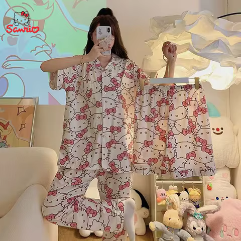 3pcs Sanrio Short Pajamas Hello Kitty Kawaii Cartoon Loose Sleepwear Pajamas Sets Short Clothes Girl Home dress Birthday Gifts 12 best sales sanrio pjs - №4