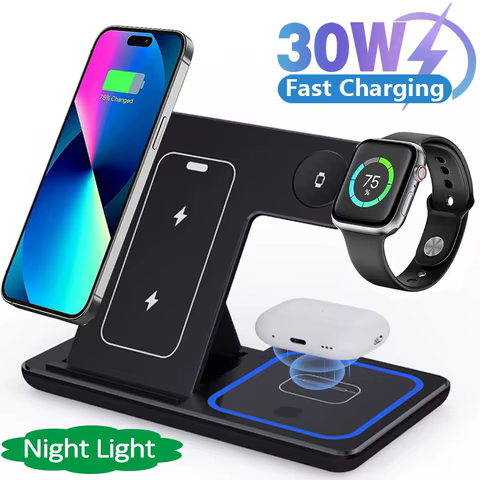 30W LED Fast Wireless Charger Stand 3 in 1 Foldable Charging Station For iPhone 15 14 13 12 11 Apple Watch 9 8 7 6 5 Airpods Pro 8 best sales redmi 9c nfc lcd - №5
