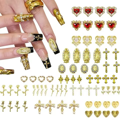 72pcs Gold Nail Charms Set with Gold Cross, Hearts, Rose, and Virgin Mary - Y2K 3D Chrome Nail Decorations 10 best sales nail cross charms - №10