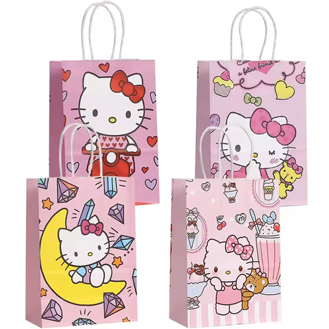 12pcs Hello Kitty Kraft Gift Bags with Handles Pink Kitty Themed Party Paper Favor Bag Baby Shower Kid Birthday Party Decoration 10 best sales hello kitty packaging - №8