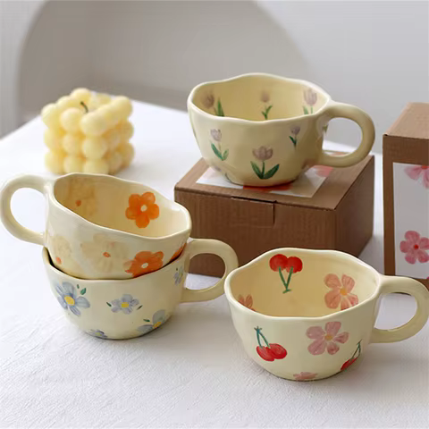 Ceramic Mugs Coffee Cups Hand Pinched Irregular Flower Milk Tea Cup ins korean style Oatmeal Breakfast Mug Drinkware Kitchen 6 best sales asian cup - №2