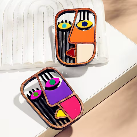 New Abstract Man Face Figure Acrylic Wood Brooch for Women HipHop Geometric Facemask Badge Creative Jewelry Accessories Gift 10 best sales wooden brooch - №5