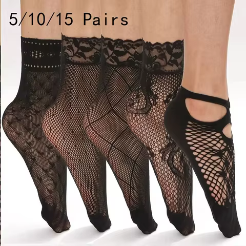 5/10/20 Pairs Vintage Lace Women Socks Summer Mesh Elastic Transparent Ankle Socks Lolita Women Versatile Fishing Net Black Sock 12 best sales yooske glasses - №11