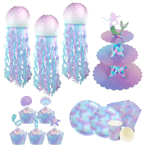 Mermaid Jellyfish Paper Lantern plate cup banner Little Mermaid theme Princess baby Girl Under The Sea Birthday Party Decoration 12 best sales princess birthday - №8