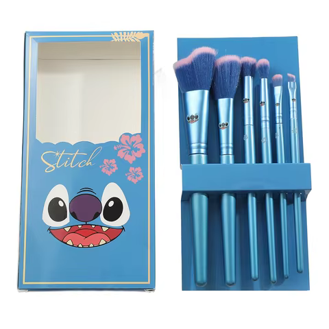 6Pcs Anime Cartoon Stitch Makeup Brush Set Y2K Fashion New Women's Wooden Eyeshadow Brush Loose Powder Brush Gift for Friends 6 best sales brochas stitch - №6