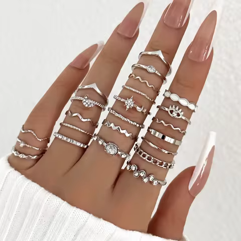 23Pcs Fashion Knuckle Rings Set For Women Crystal Star Moon Eye Wave Gold Silver Color Rings Female Trendy Party Jewelry Gift 10 best sales silver moon ring - №4
